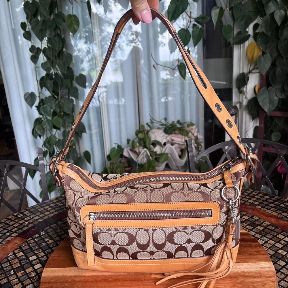 Coach Signature C Vtg Y2K East West Jacquard Brown Leather Shoulder Bag #9363